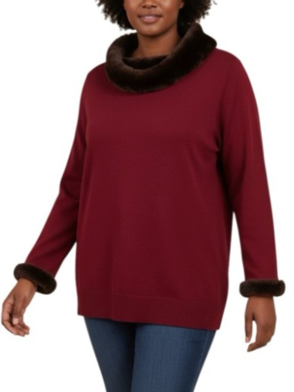 Dialogue NWT Red Merino Wool Blend Sweater Faux Fur Collar Cuffs Women 1X